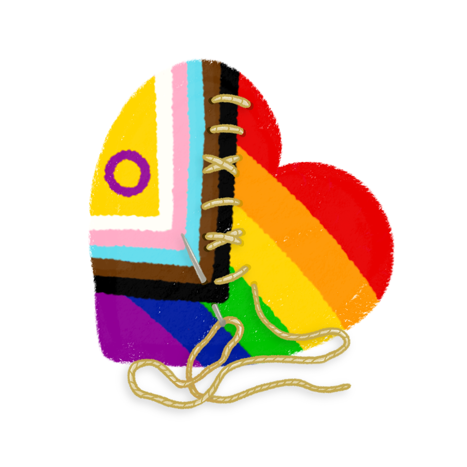 LCCL Logo. Heart with pride colors and stiched pieces