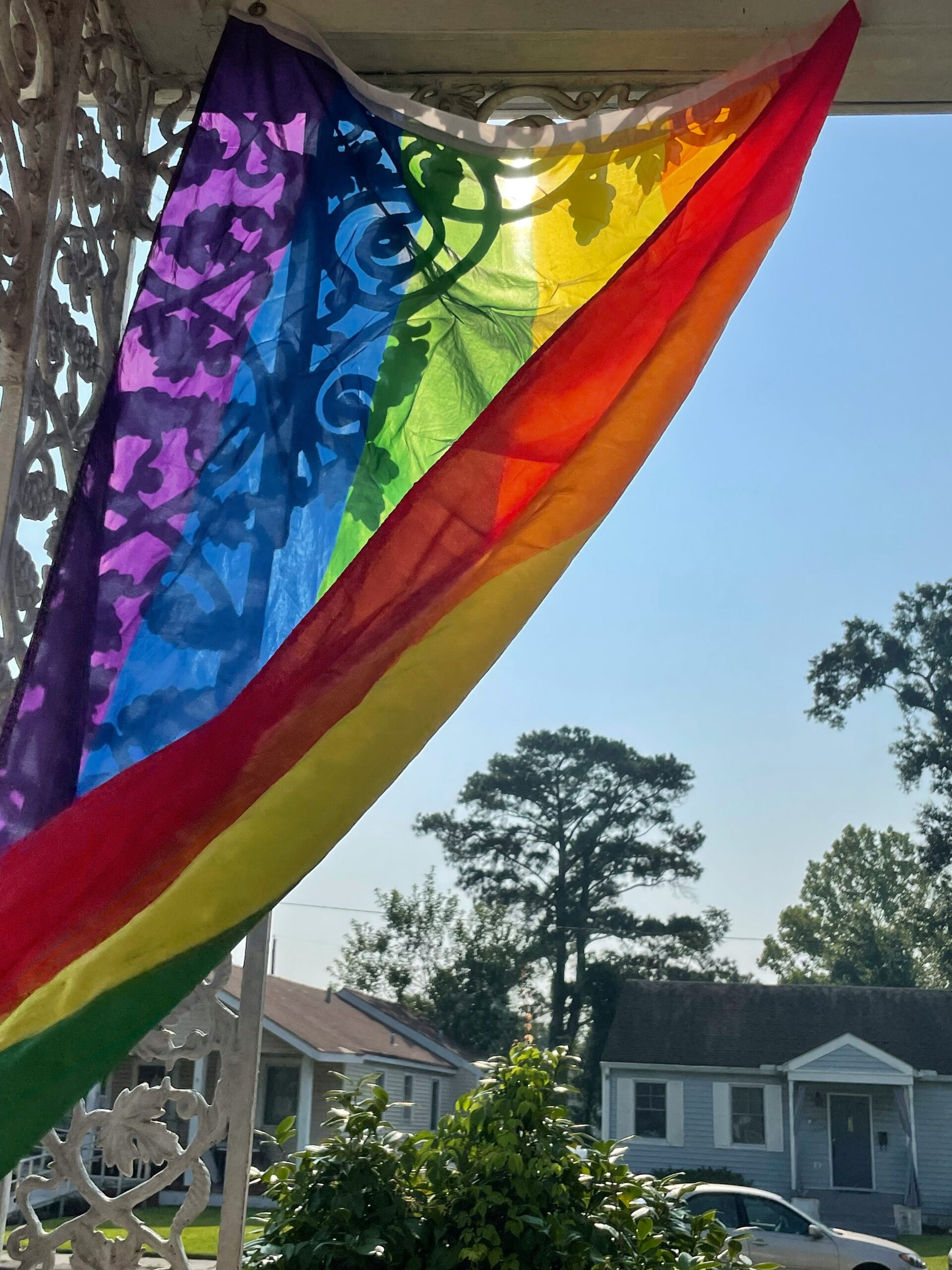 jes-harrison-73Ax7e3CqAU-unsplash Pride Flag hanging from porch overlooking 2 ranch homes in a suburban neighborhood.