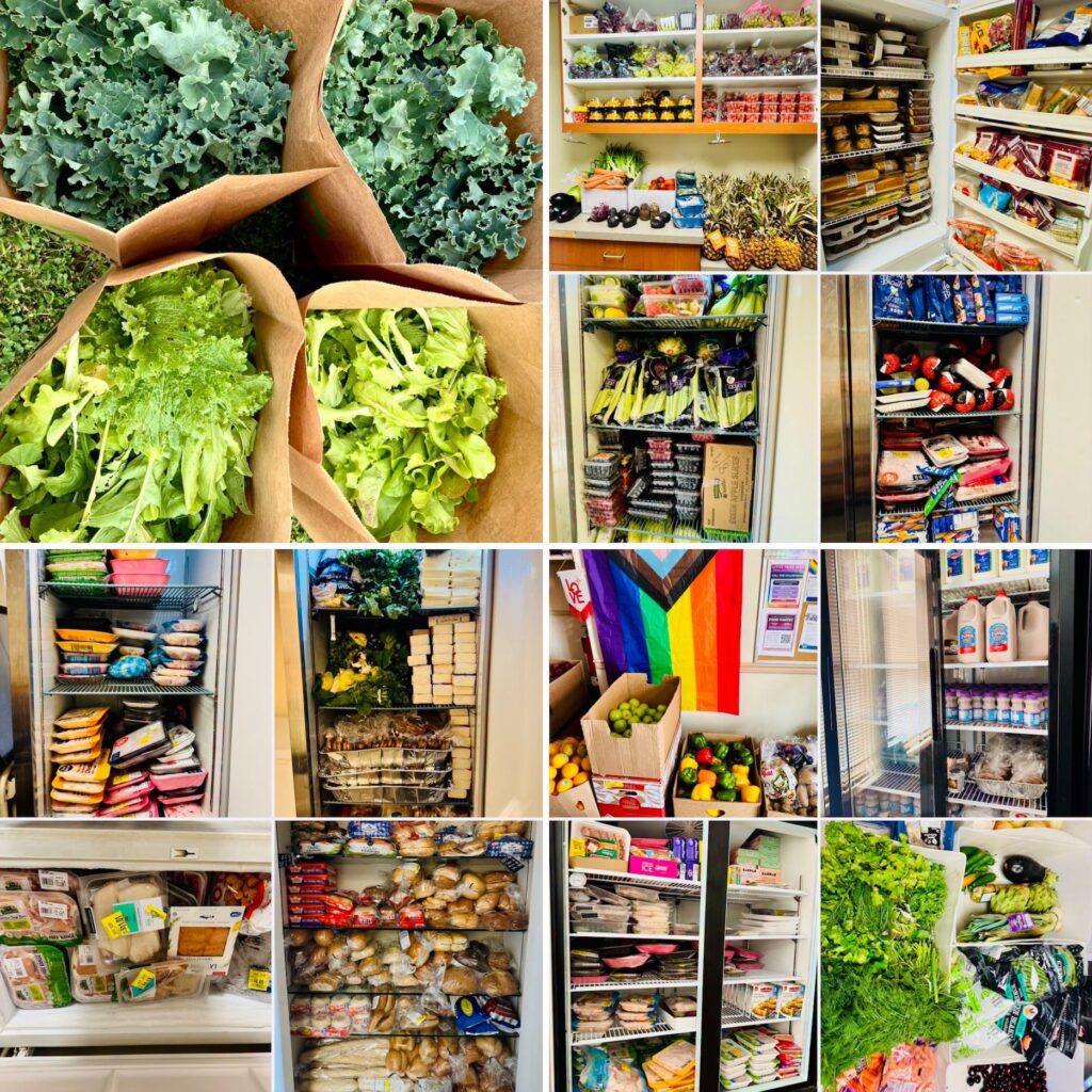 A grid of pictures showing produce, meats, breads, and other foods in refrigerators, on shelves, and in bags.