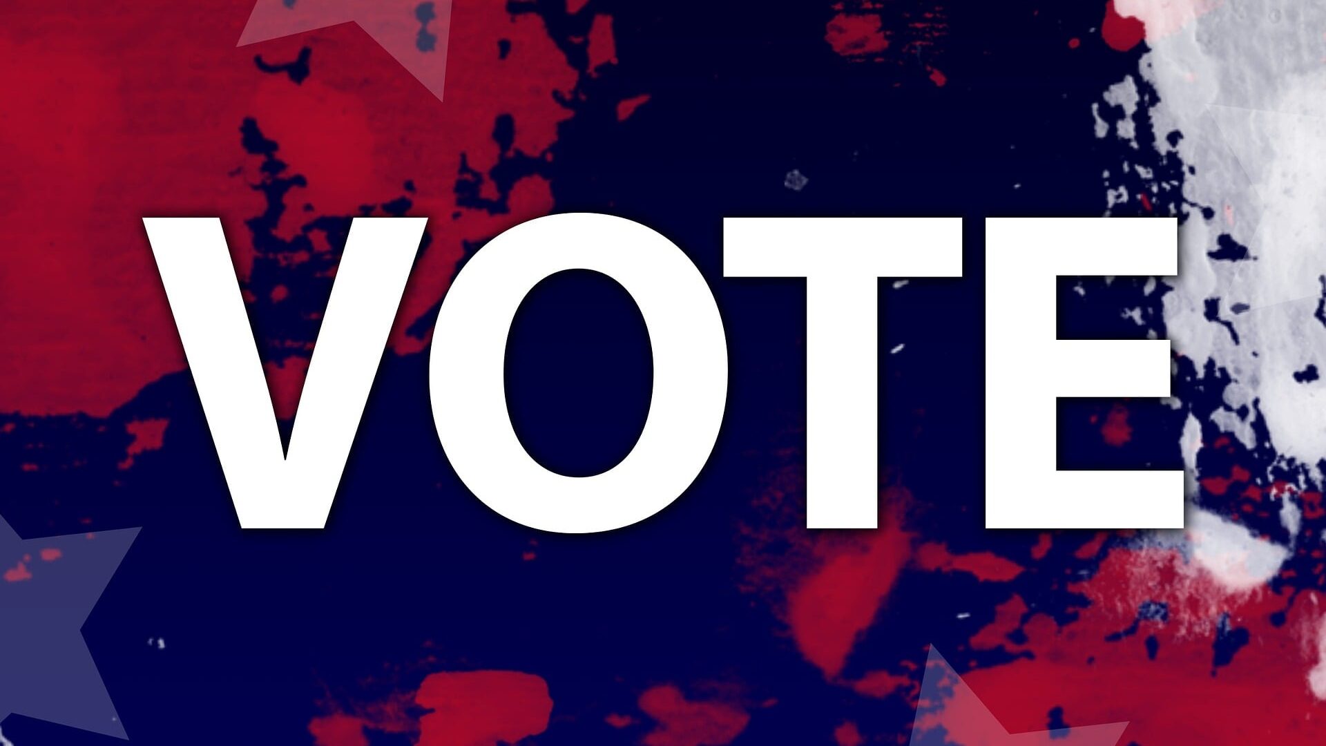 VOTE written over red and white and blue abstract pattern that is meant to remind the viewer of the US flag.